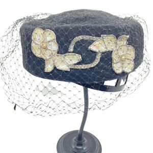 Pillbox Classic Hat Vintage 1950s Shagfelt Womens Black Felted Fur Fitted Retro